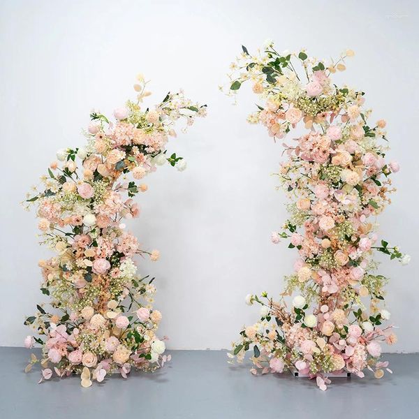 Fiori decorativi Fiore rosa Arte Corno di mucca Arco a forma di luna e cornice ad angolo Sfondo per matrimonio Cremagliera Puntelli per feste per eventi Vetrina