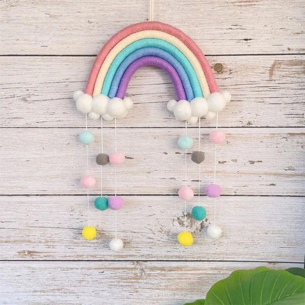 Arazzi 1 Pz PomPom Macrame Filo di cotone Arcobaleno Nuvole Arazzo Appeso a parete Decor Tessuto fatto a mano Po Prop Decorazione della stanza Artigianato