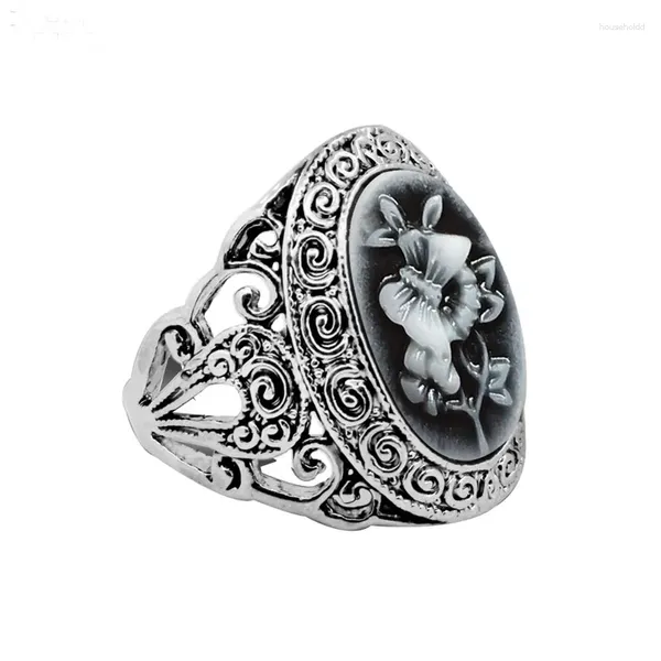 Cluster-Ringe, grauer Schmetterlingspflanzen-Cameo-Ring für Frauen, antik versilbert, modischer Ring mit hohlen Blumenzweigen