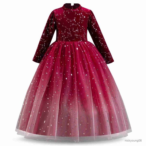 Mädchenkleider, Kinder-Pailletten-Prinzessinnen-Partykleider für Mädchen von 4–10 Jahren, elegantes formelles Abendkleid, langes Kleid, Weihnachten, Neujahr, langärmeliges rotes Kleid