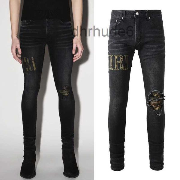 Rip Black Denim Jeans Whisking Damage Bleach Washed Worn Out Slim Fit Plus Size 38 E89S