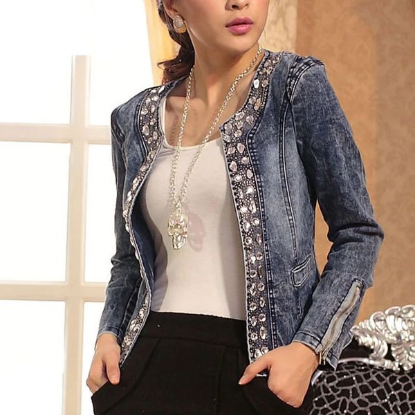 Primavera Moda Donna Giacca di jeans Cerniera sottile Casual Breve Paillettes Capispalla Donna Vintage Biker Cristallo Chaqueta Mujer A237 240129