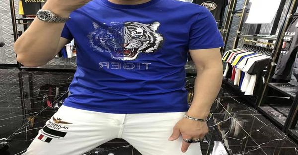 2022 Новые мужские футболки Rhines Designer Голова тигра с принтом Хип-хоп Street с коротким рукавом Уличная одежда больших размеров с круглым вырезом Мужская верхняя одежда Синий Красный Черный Белый M-4XL5939662