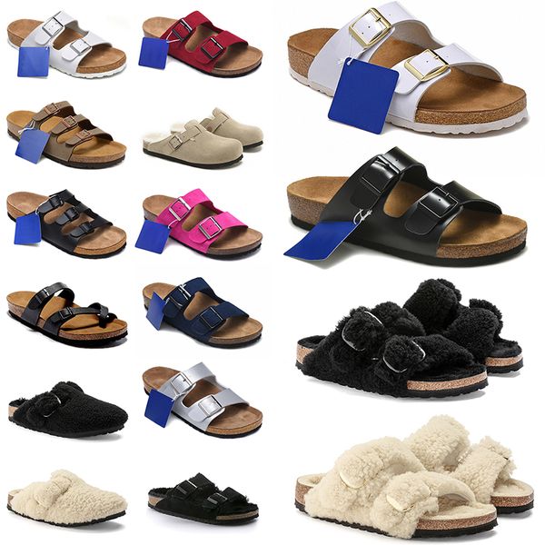 Designers Birkinstocks Bostons Clogs Sandálias Fivela Chinelos Arizonas Homens Mulheres Sapatos Casuais Shearling Suede Fur Slides Flip Flops Soft Footbed Burkin Tamanho