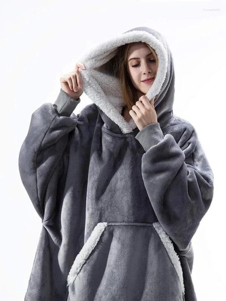 Damen-Kapuzenpullover, Decke mit Ärmeln, Winter-Frauen-Taschen-TV-Kapuzenpullover, Fleece-Plüsch, warm, Koralle, Übergröße