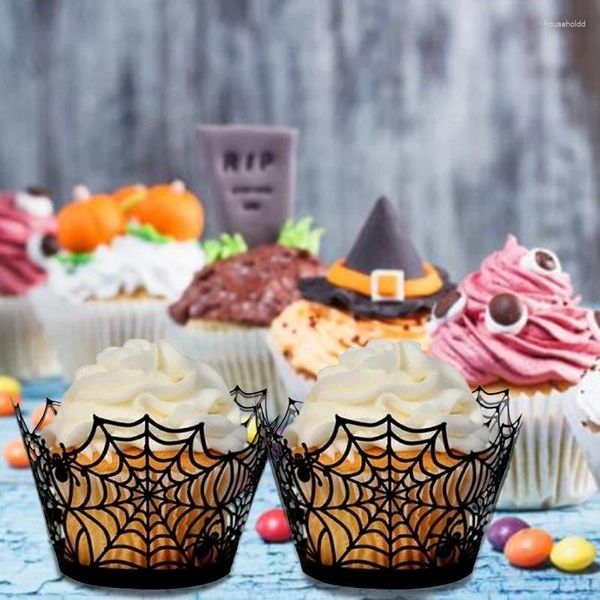Fontes de festa 50 peças teia de aranha preta corte a laser forros de cupcake envoltório de halloween chá de bebê muffin caso bandejas ferramentas de bolo