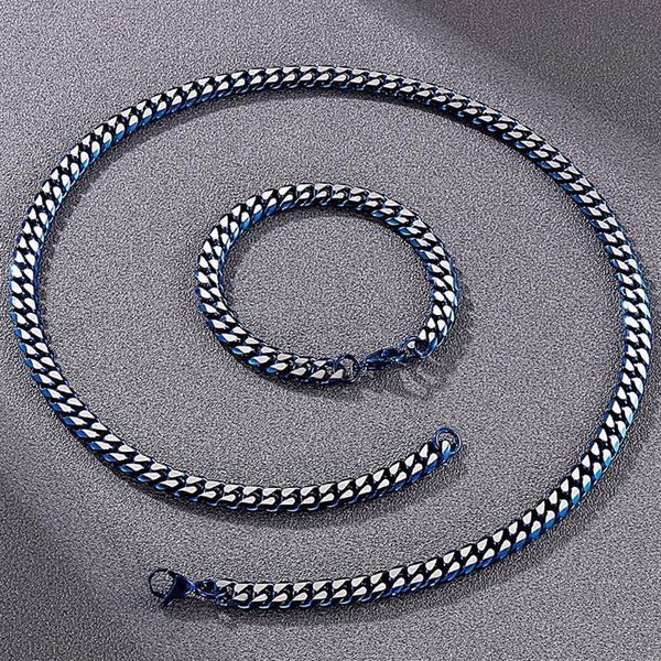 Catene 8MM Cuban Link Curb Collana a catena Set di bracciali per uomo Collane da uomo in acciaio inossidabile blu dorato Bracciali Uomo Ac335E