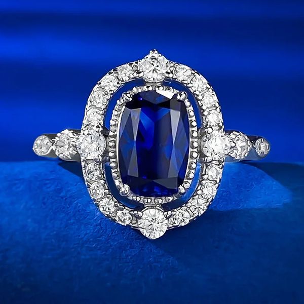 Anello in argento sterling S925 con diamante di simulazione europeo e americano 6 9mm Anello blu versatile per feste boutique moda R 240130