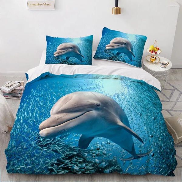 Set di biancheria da letto Dolphin Ocean King Queen Copripiumino Simpatico set di animali marini 3D per bambini Adolescenti Adulti Banco di pesci Blu Trapunta 2/3 pezzi