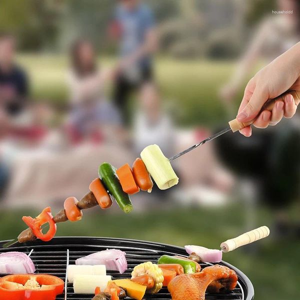 Strumenti Spiedini per barbecue Manico lungo Shish Kebab Barbecue Riutilizzabile Grill Stick Forchetta in legno Ago per esterni in acciaio inossidabile