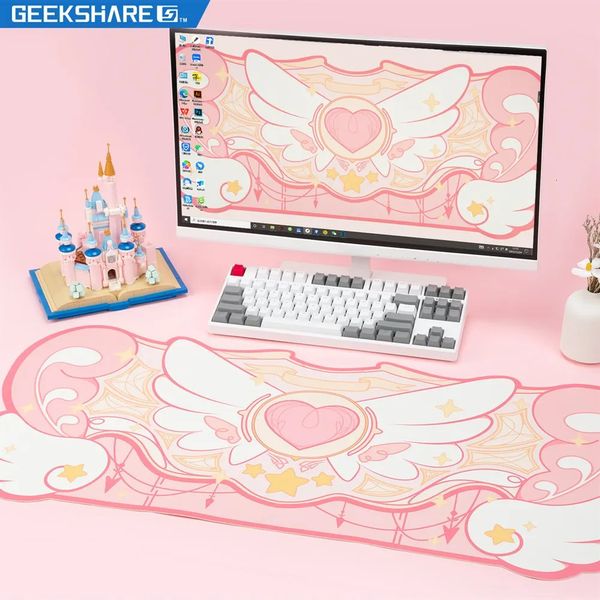 Geekshare mouse pad para jogos de computador, tamanho grande 84*37cm, kawaii, rosa, estrela, asas, mesa de escritório, antiderrapante, à prova d'água, 240131