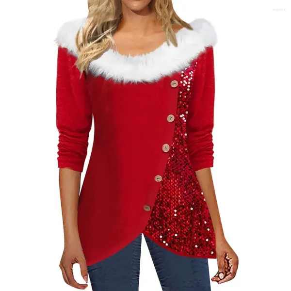 Женские блузки, женский рождественский топ с круглым вырезом и пуговицами, декор с блестками, соответствующий цвету, толстый теплый пуловер с длинным рукавом, женская осенне-зимняя футболка