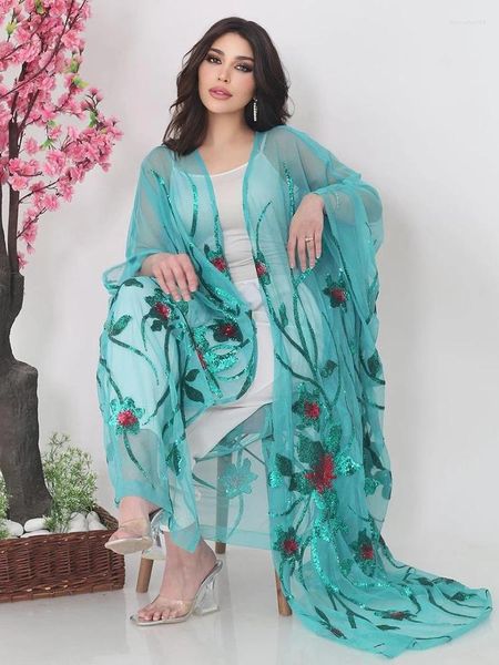 Ethnische Kleidung 2024 Türkei Abaya Herbst Muslim Langes Kleid Frauen Fledermausärmel Mesh Pailletten bestickter Kaftan Trendy Dubai Cardigan Robe
