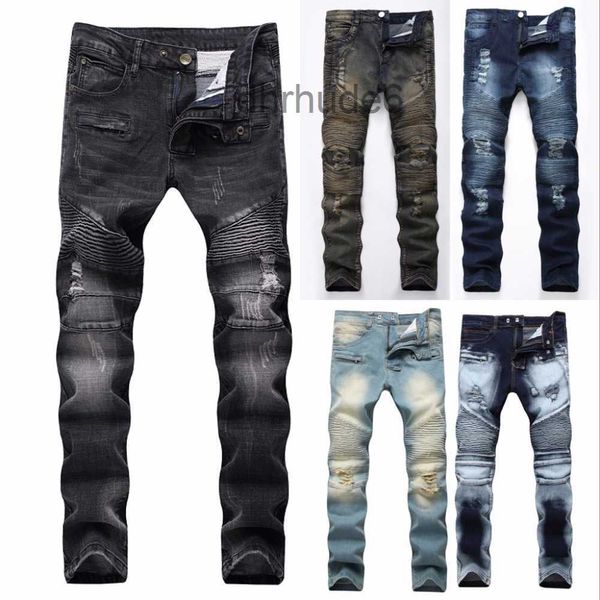 Mode Hip Hop Patch Männer Retro Jeans Knie Rap Loch Reißverschluss Biker Lose Schlanke Zerstört Zerrissene Denim Mann Hose f4LL