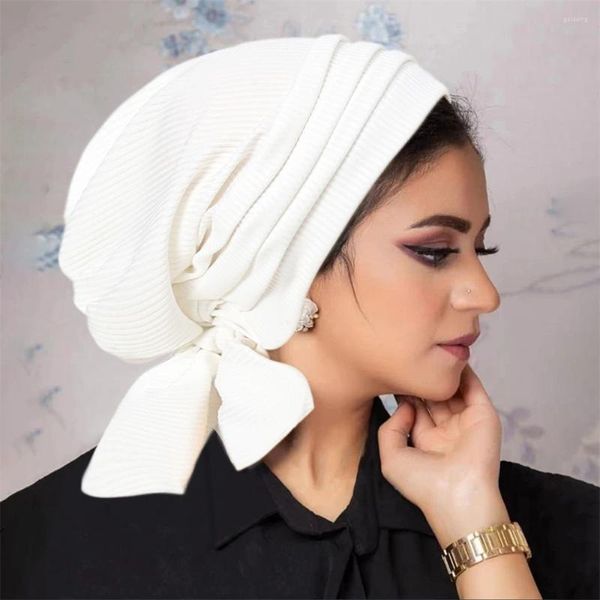 Etnik Giyim Moda Düz Renk Müslüman Kadın Ön Bağlı Bonnet Hijab Kemoter Kanseri İslami Arap Şapka Beanes saç dökülmesi Headwrap Eşarp