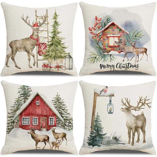 Cuscino Vintage Farm Elk Christmas Cover Fodere in lino per divano Anno Decorazioni per la casa Paesaggio Federa