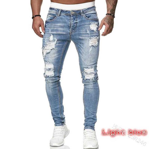 Jeans maschile jeans buchi per ginocchini lacrrote strette pantaloni di denim solido colore nero blu autunno estate hip-hop in stile hip-hop pantaloni fittiti tinti s-4xl q240427