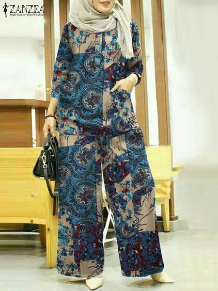 Ethnische Kleidung ZANZEA 2024 Puffärmel Bedruckte Blusen Breite Beinhosen Mode Abaya Passende Sets Frauen Muslimische Weibliche Blumenanzüge