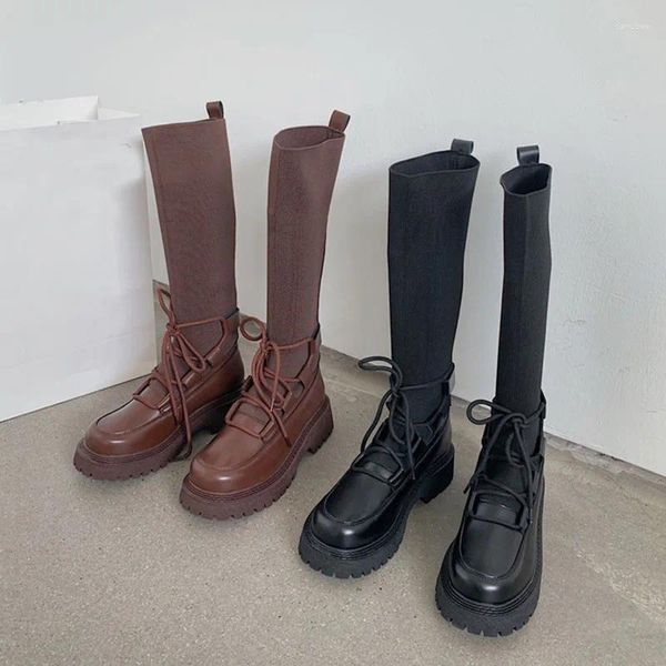 Stivali lavorati a maglia stretch calzino donne stringate tubo lungo equitazione Botas addensare con suola tubo da stufa Botte Femme Slim al ginocchio Botines 2024