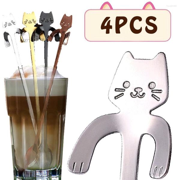 Colheres 4/1 pçs café bonito gato aço inoxidável dos desenhos animados colheres de chá sobremesa lanche colheres sorvete utensílios de cozinha gadgets