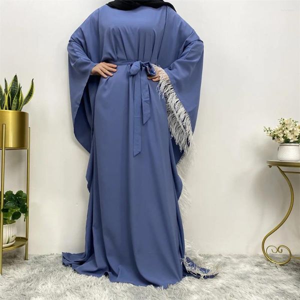 Ethnische Kleidung Ramadan Schwarzes Gebetskleid Frauen Muslim Abaya Dubai Fledermausärmel Feder Türkei Islamischer Kimono Marokkanische Robe Eid Djellaba