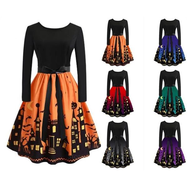 Tema traje 6 cores halloween cosplay trajes para mulheres meninas carnaval festa abóbora impressão elegante masquerade plus size evenin2261