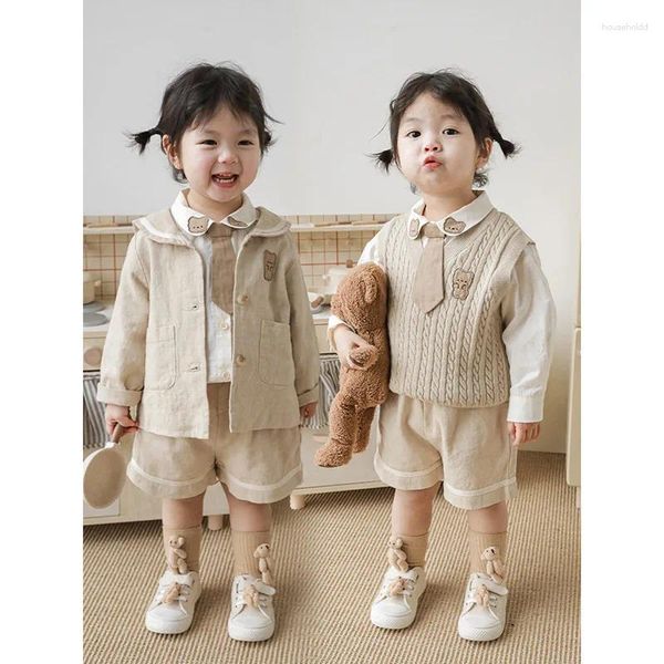 Kleidung Sets Mädchen Bär Gesticktes Hemd Anzug Kinder Koreanische Weste Mantel Frühling Baby Casual Shorts