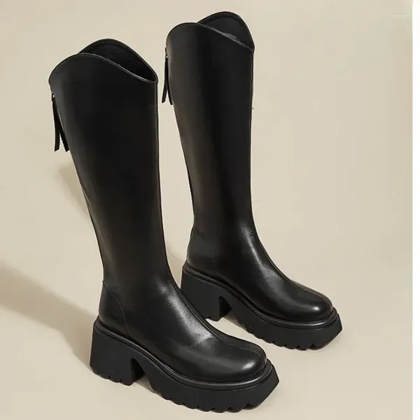 Сапоги, женская обувь, мода 2024, зимняя обувь на молнии с круглым носком, однотонная обувь до колена на платформе, на массивном каблуке, водонепроницаемый высокий каблук