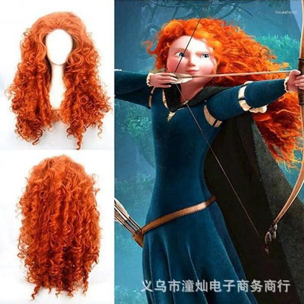 Articoli per feste Parrucche anime Brave Legend Merida Princess Parrucca cosplay Capelli lunghi ricci arancioni Berretto sintetico gratuito