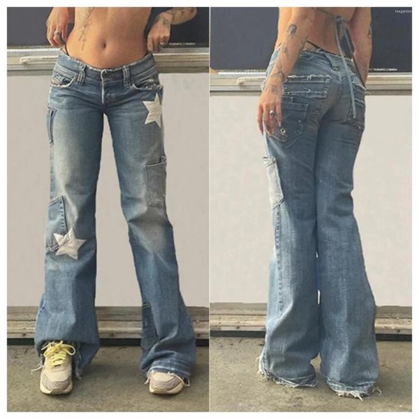 Женские джинсы 2024, весенние ретро-стиранные брюки с асимметричным принтом звезд и высокой талией, прямые брюки-карго в стиле сафари, широкие джинсовые брюки