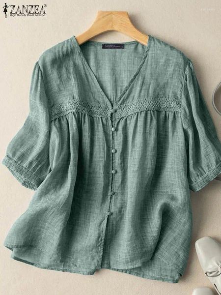 Женские блузки ZANZEA, летняя винтажная блузка с v-образным вырезом и коротким рукавом, женская повседневная кружевная лоскутная рубашка, однотонные свободные вечерние топы, туника большого размера