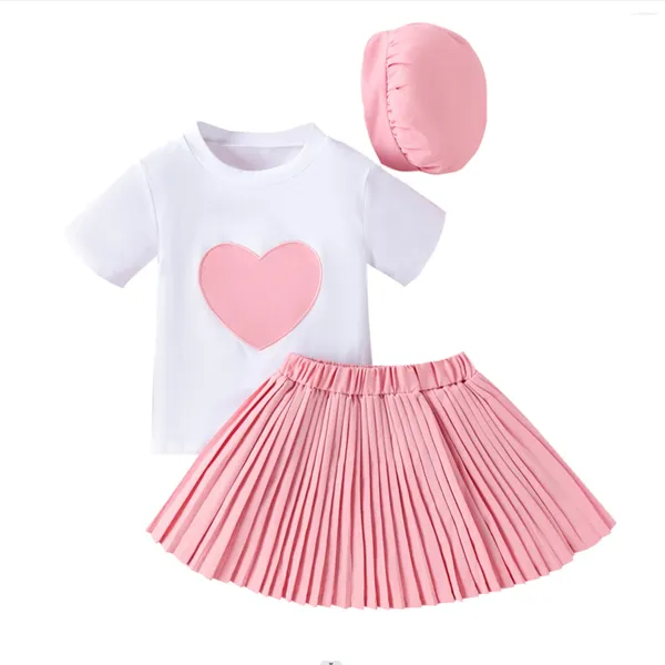 Set di abbigliamento Pudcoco Bambini Neonata Abiti estivi Ricamo a cuore T-shirt a maniche corte Top Gonne a pieghe Cappello 3 pezzi Set di vestiti 4-7T