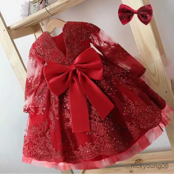 Abiti da ragazza Abito da principessa rosso per feste per bambina, bambino, ricamo natalizio, ricamo floreale, tutu, costume da neonato, compleanno di un anno