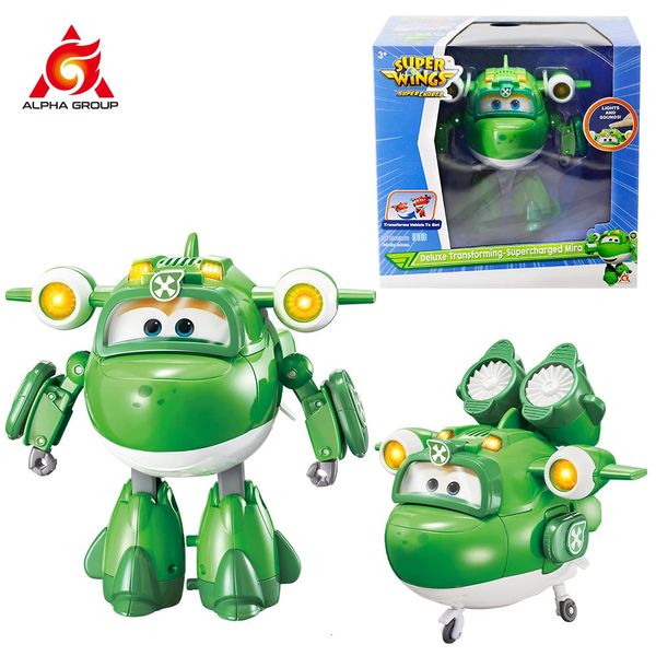 Super Wings 6 polegadas Deluxe Transformando Supercharged Mira Deformação Avião para Robô com luzes Sons Figuras de Ação Brinquedos 240119