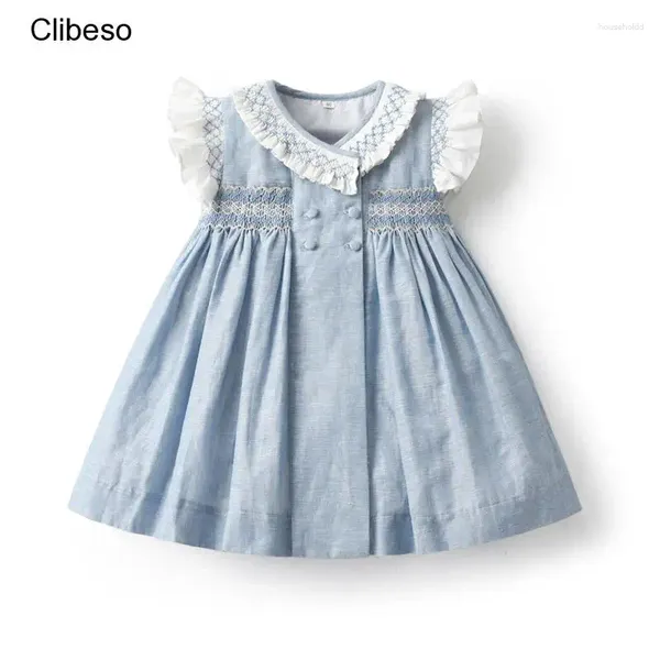 Vestidos de menina 2024 crianças vestido espanhol meninas feitas à mão smocking azul com gola plissada manga bebê smocked bordado