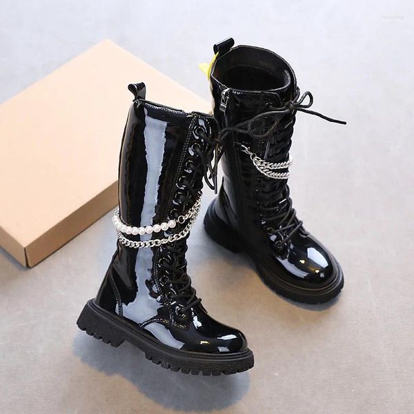 Stiefel Kinder Schuhe Mädchen Prinzessin Patent Leder Kniehohe Reiten Herbst 2024 Mode Casual Boot String Bead Kurze