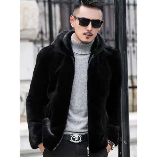 Cappotto di Visone da Uomo con Pelliccia e Cappuccio Intero Integrato Designer Invernale da Uomo Imitazione XSL0