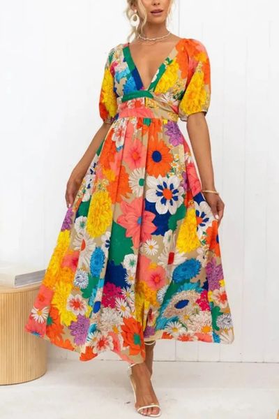 Праздничные макси-платья с богемным цветочным принтом для женщин, сексуальные пышные платья с глубоким вырезом и короткими рукавами, повседневное пляжное длинное платье Vestidos 240124