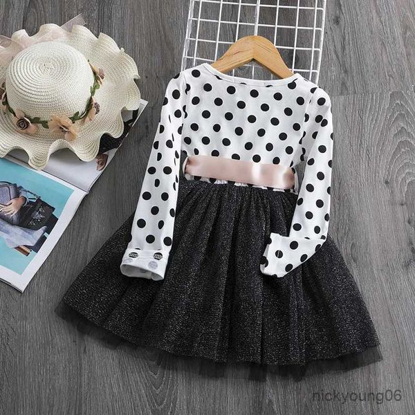 Mädchenkleider Herbst Mädchen Kleid mit langen Ärmeln 3 6 8 Jahre Kinder Polka-Dot Tüll Kleidung Kleinkind Mädchen Geburtstag Prinzessin Kleider Abend Party Kleid