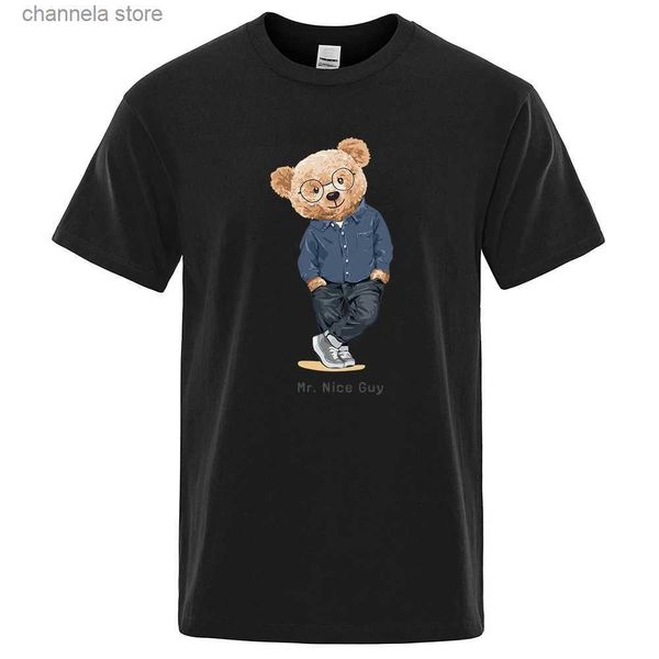 Erkek Tişörtleri Beyefendi Bay Teddy Bear Nice Guy Prints Mens kısa kollu sokak pamuklu tişört gevşek büyük boyutlu gündelik tişört 80291 T240202