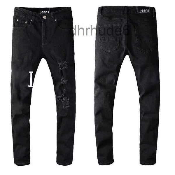 Homens Stack Jeans Europeu Cinza Jean Mens Bordado Carta Rasgado para Tendência Marca Vintage Calça Casual Streetwear Estilista Preto com Mistura de Algodão I64G