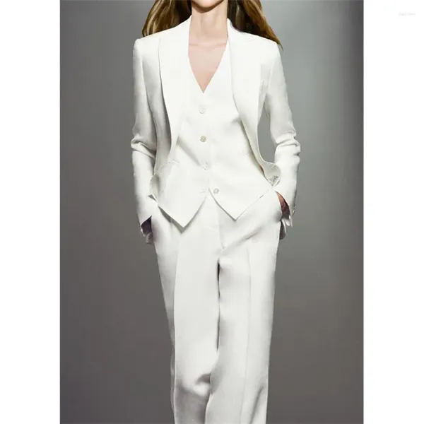 Erkek takım elbise zarif pantolon set moda çentik yaka beyaz blazer takım elbise bayan resmi elbise rahat ince fit kadın setleri 3 parça