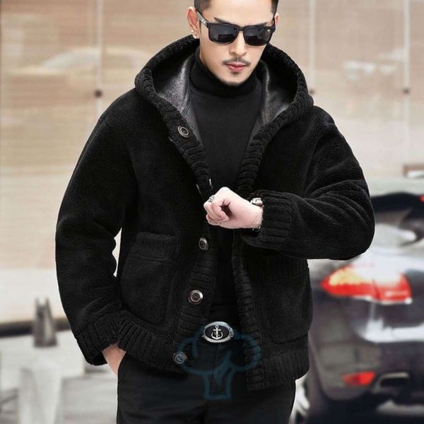 Cappotto di pelliccia di visone imitazione per uomo 2024 Inverno integrato taglio di pecora velluto corto con cappuccio doppio lato di design in pelle di fascia alta L28K