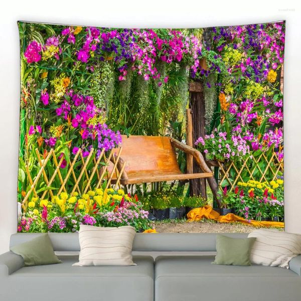 Arazzi Arazzo con fiori di primavera Giardino colorato Scenario floreale Sfondo Appeso a parete in tessuto per l'arredamento del soggiorno della camera da letto della casa all'aperto