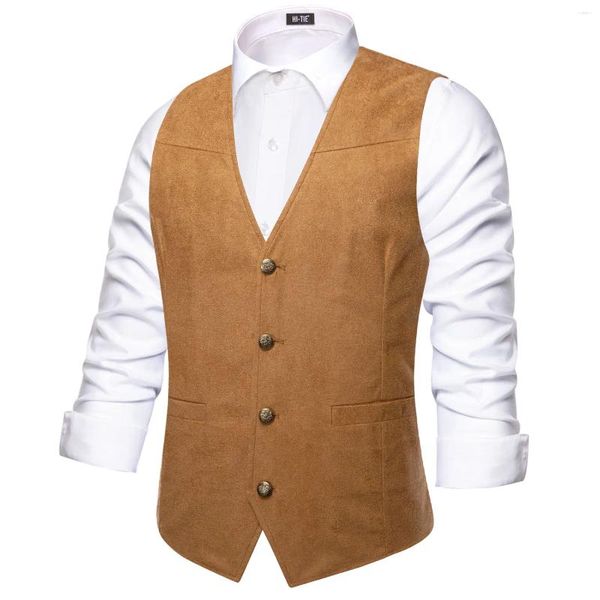 Coletes masculinos vintage marrom designer camurça tecido sem mangas colete casual ajuste de alta qualidade presentes de festa de negócios de casamento hi-tie