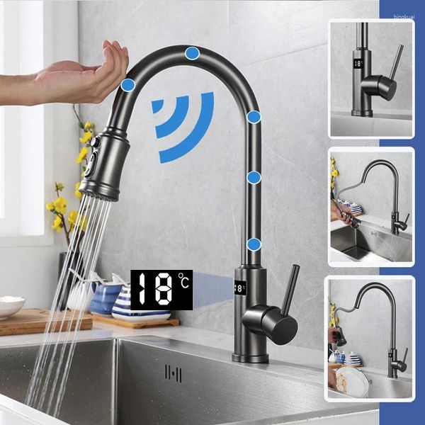 Rubinetti da cucina Rubinetto Smart Touch con rubinetti dell'acqua con sensore Pistola grigia di lusso estraibile ugello per miscelatore di cemento rimovibile per