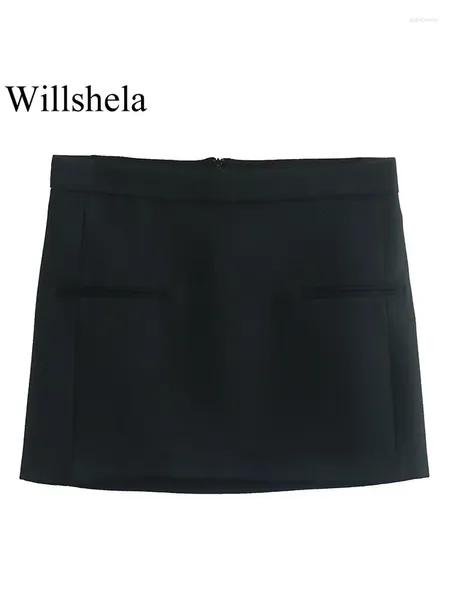 Saias Willshela Mulheres Moda Sólida Preto Mini Saia Vintage Cintura Alta Zíper Feminino Chic Lady Office Curto