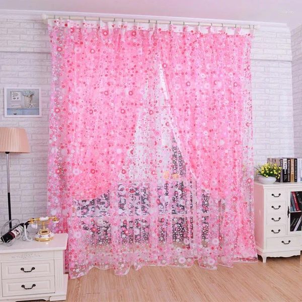 Cortina janela estampa voile divisória lenço floral porta rosa quarto decoração de casa