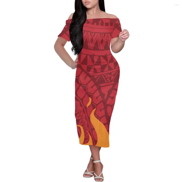Vestidos de festa hycool-feminino vermelho polinésio tribal fogo impressão vestido slash pescoço mangas curtas elegante maxi praia verão 2024