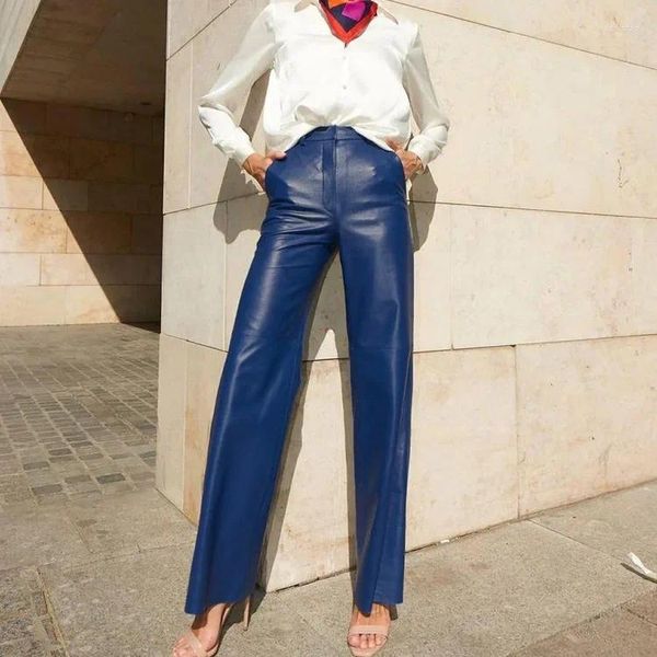 Pantaloni da donna alla moda in pelle PU a vita media alta sollevamento glutei gamba dritta casual ampia